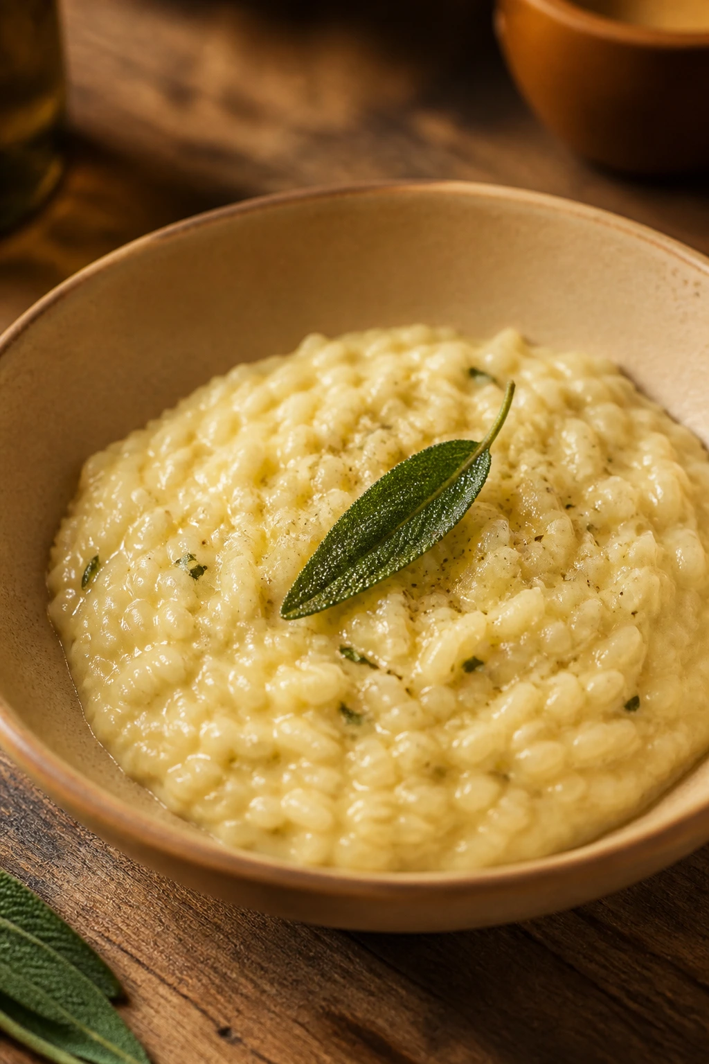 Close-up of a creamy risotto in a warm shallow bowl with a fried sage garnish on a wooden table