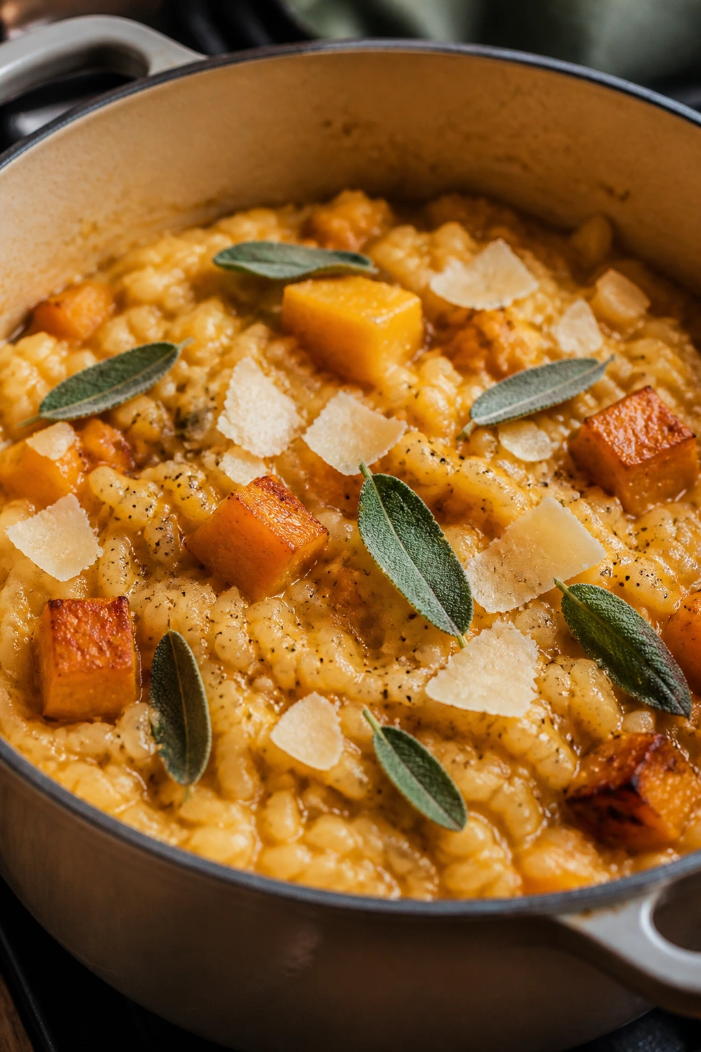 Creamy butternut squash risotto with sage and Parmesan in a pot