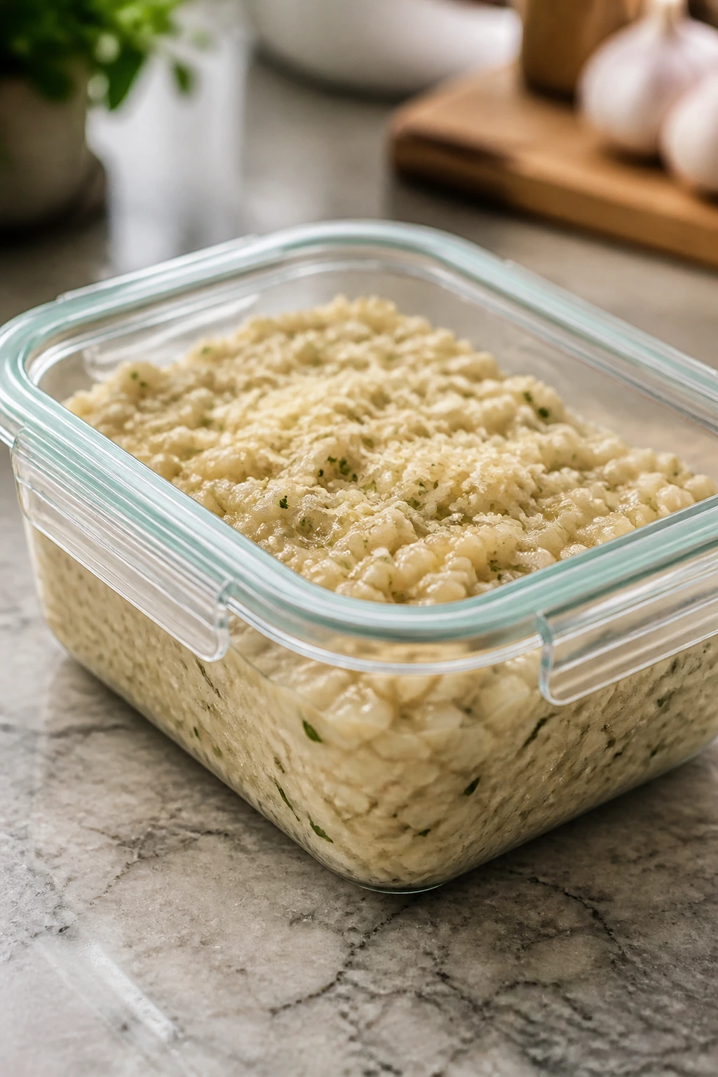 Airtight glass container of risotto on kitchen counter