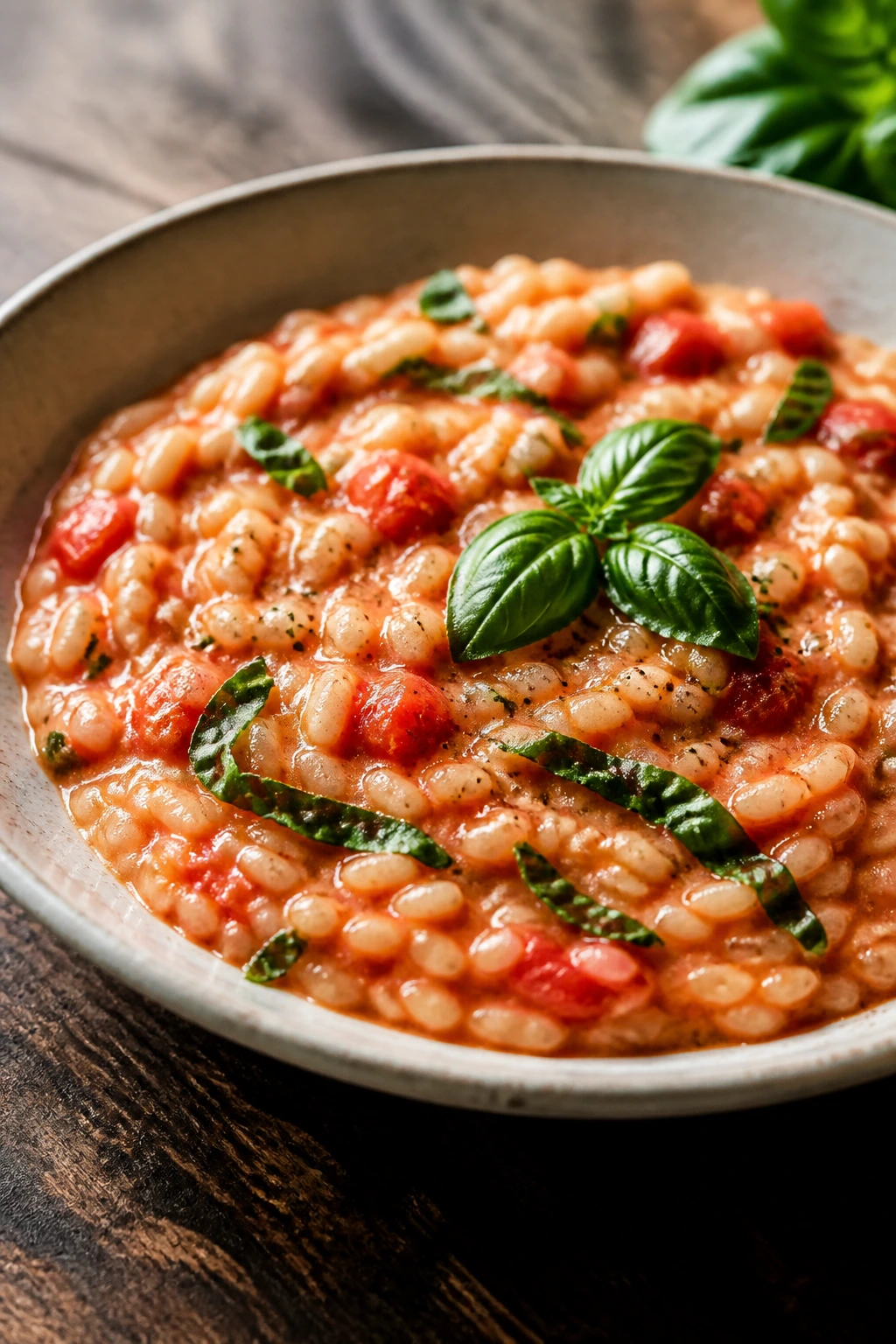 Creamy tomato basil risotto in a bowl