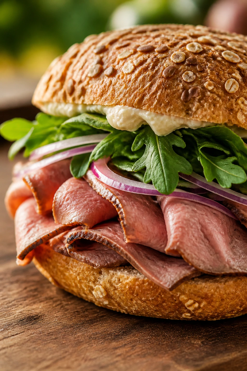 Roast beef sandwich with arugula and horseradish mayo on seeded bread