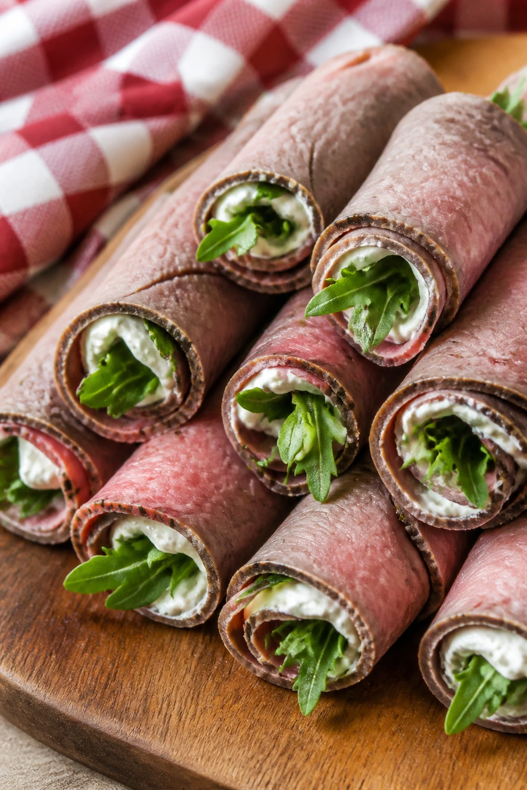 Close-up roast beef roll-ups on a picnic board with arugula