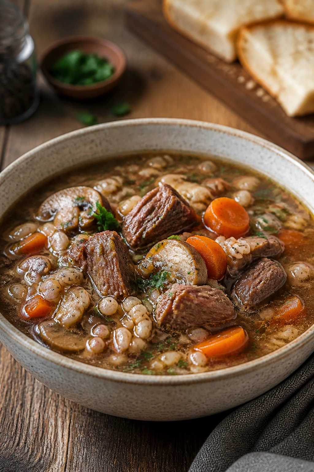 Close-up of Roast Beef and Barley Soup in a rustic bowl