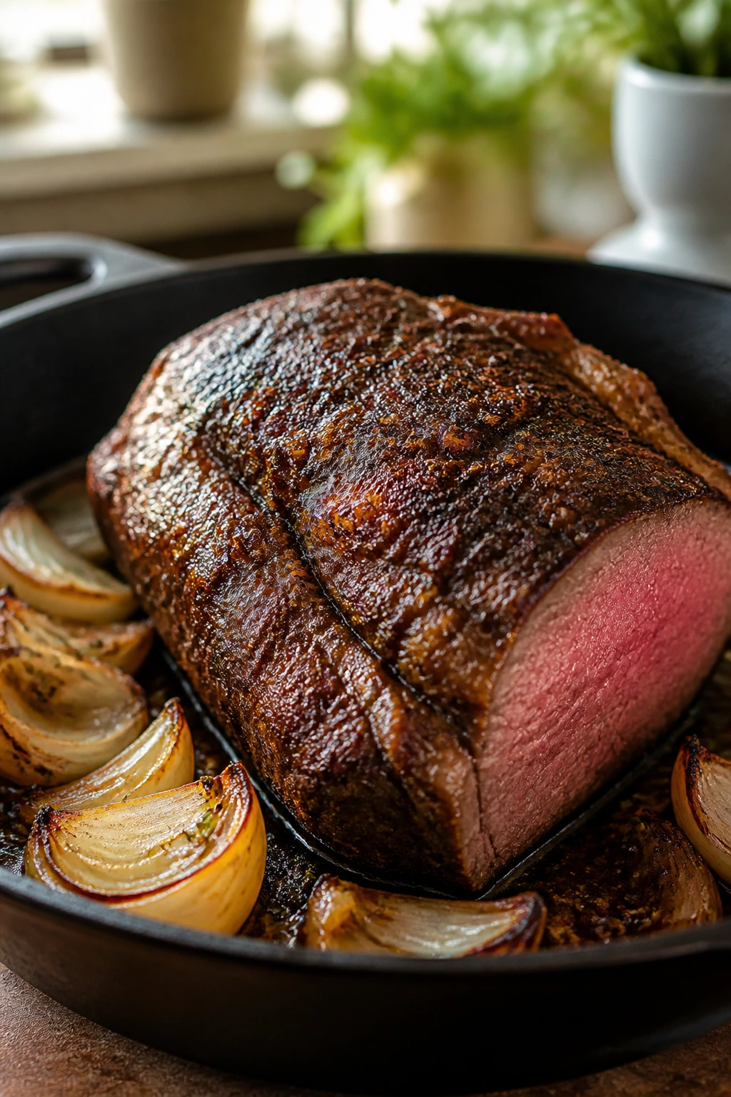 Beef roast browning in a cast-iron skillet with onions, showing a rosy center