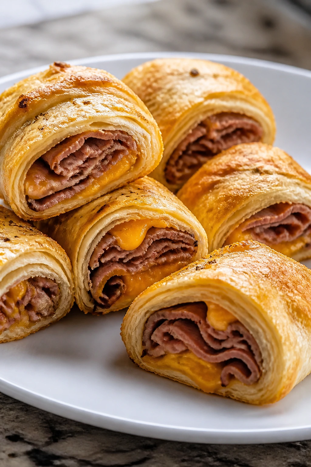 Roast beef cheddar crescent roll-ups on plate