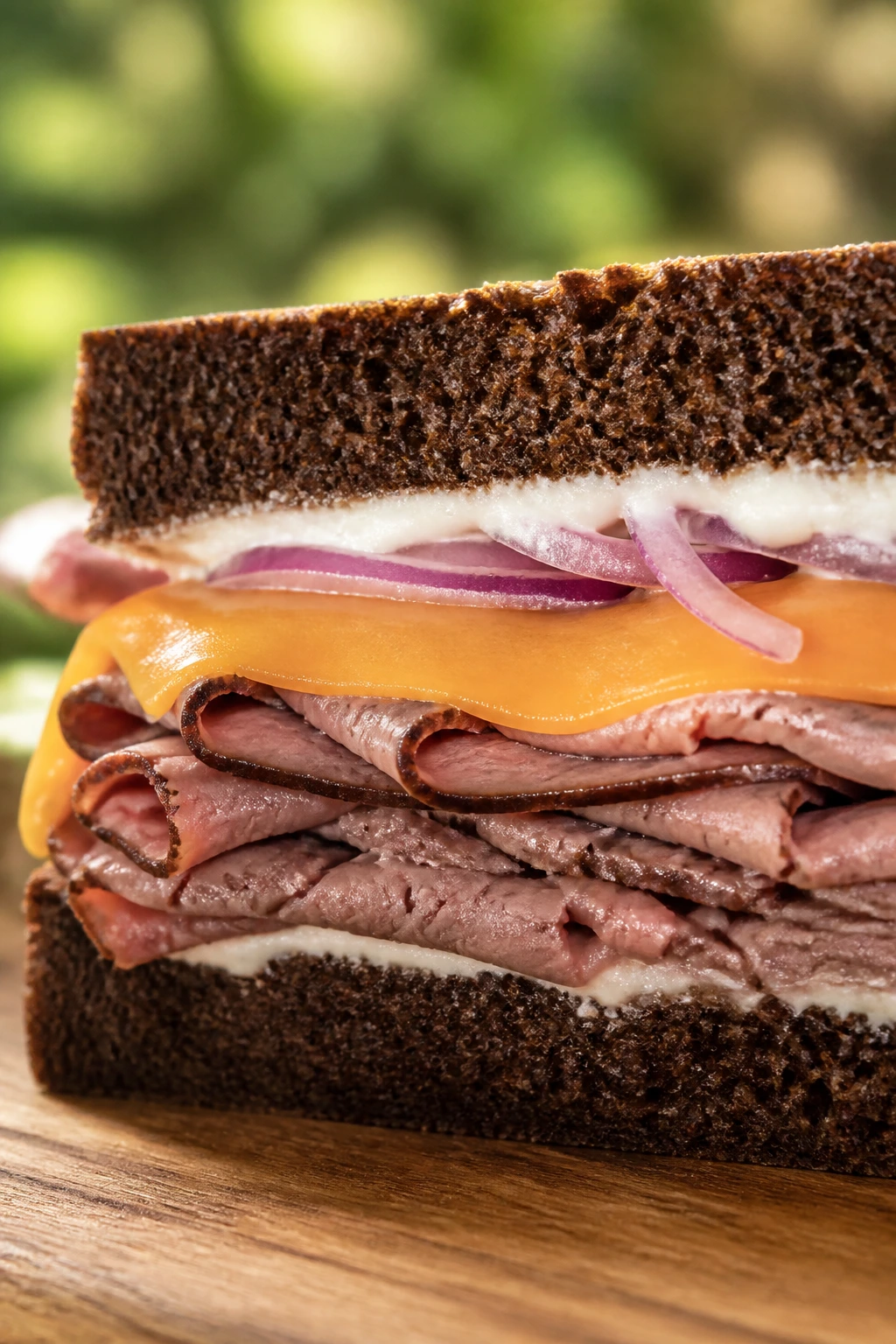 Close-up roast beef cheddar horseradish on pumpernickel sandwich outdoors