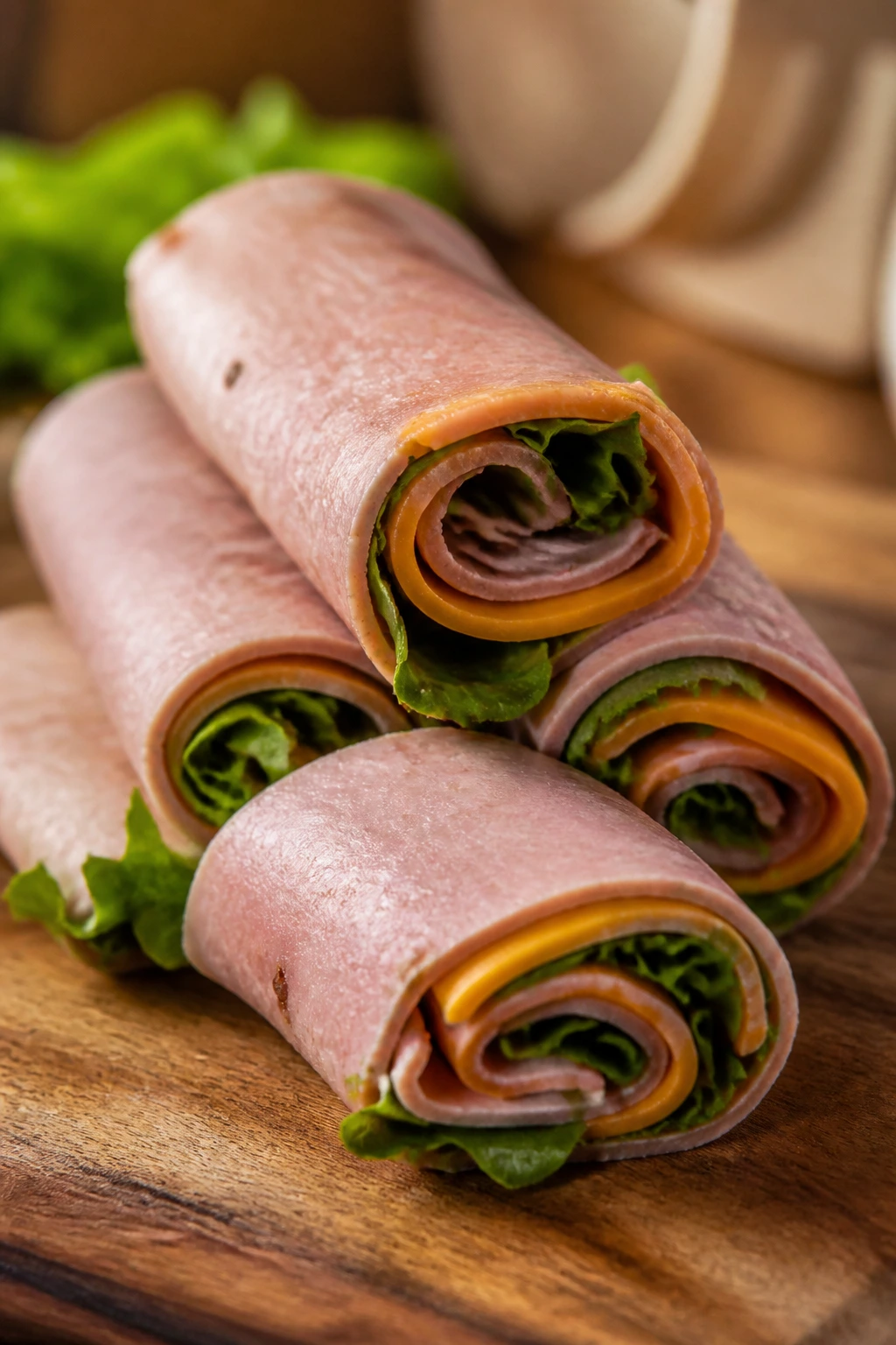Close-up of roast beef and cheddar roll-ups on a cutting board
