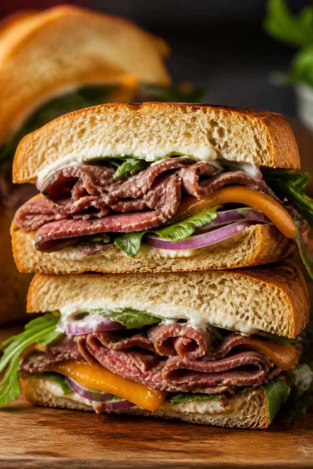 Close-up Roast Beef and Cheddar Sandwich with arugula and onion