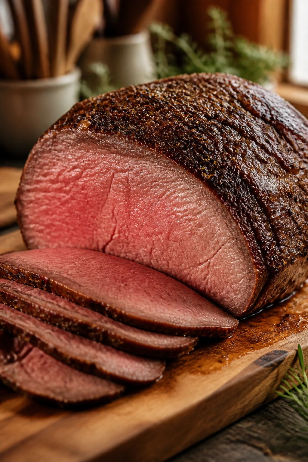Close-up of a brown-crusted top round roast beef on wooden board in cozy kitchen