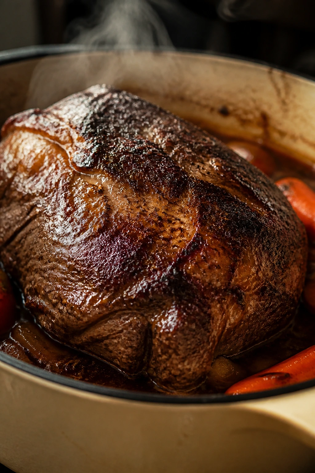 Beef roast with a dark crust in a Dutch oven, steam rising from the pot