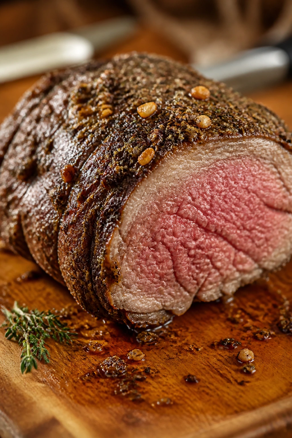 Crusted roast beef with pepper and thyme on cutting board