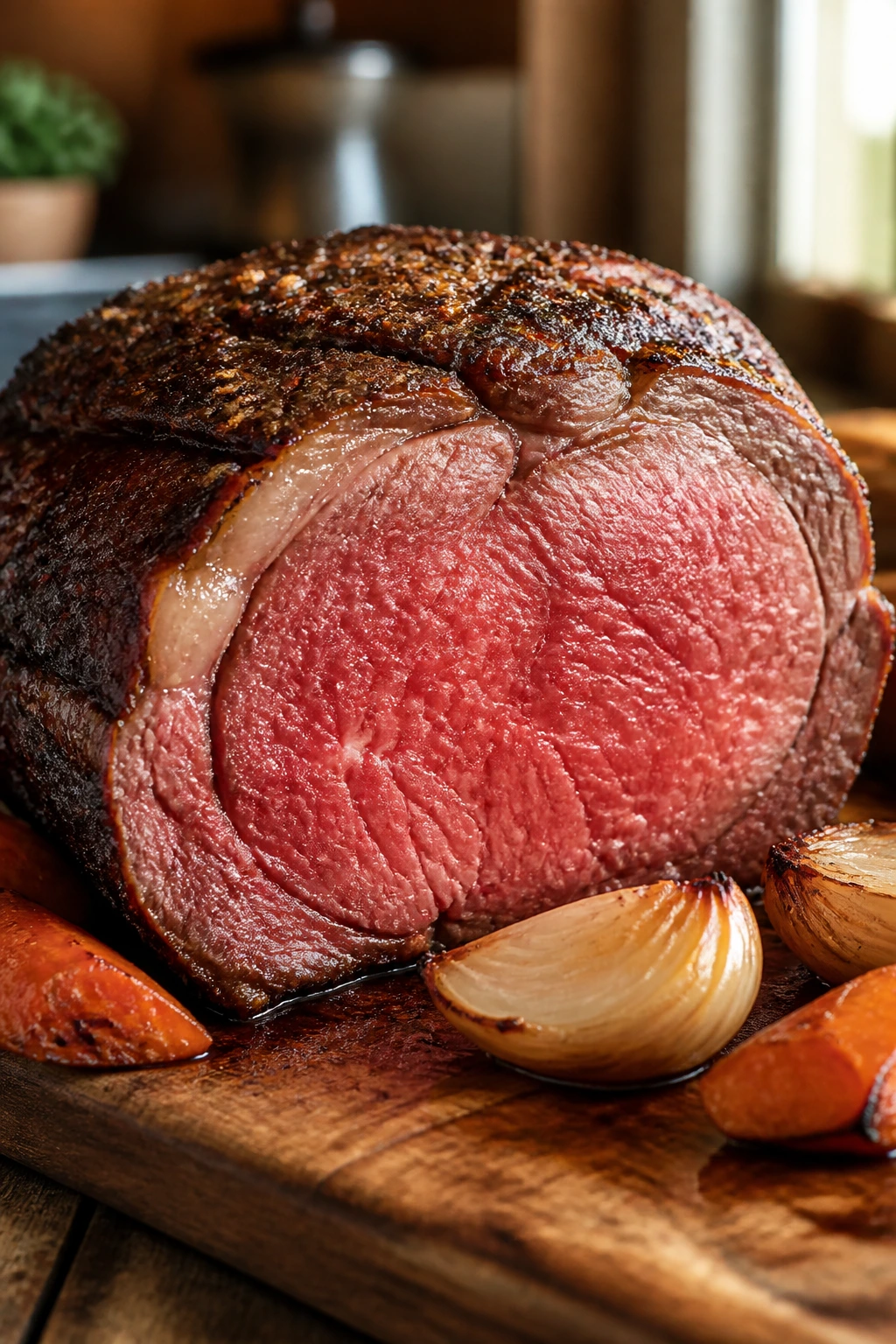 Close-up of a rosy-centered roast beef slice on a cutting board with onions and carrots in a warm kitchen