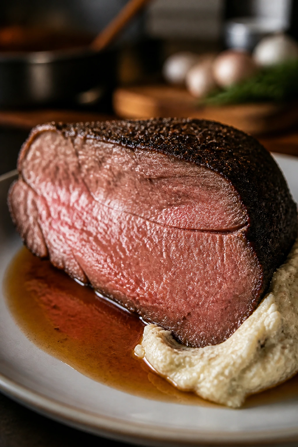 Beef slice with jus and horseradish on plate
