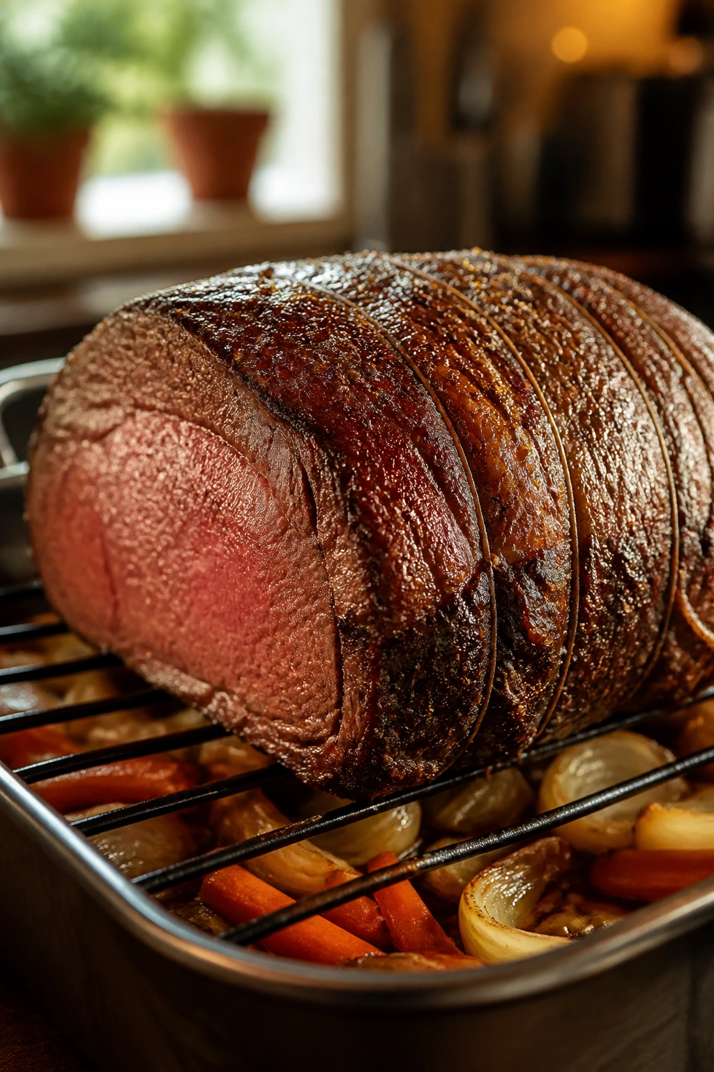Close-up of rosy-centered roast beef with dark crust on a rack in a kitchen