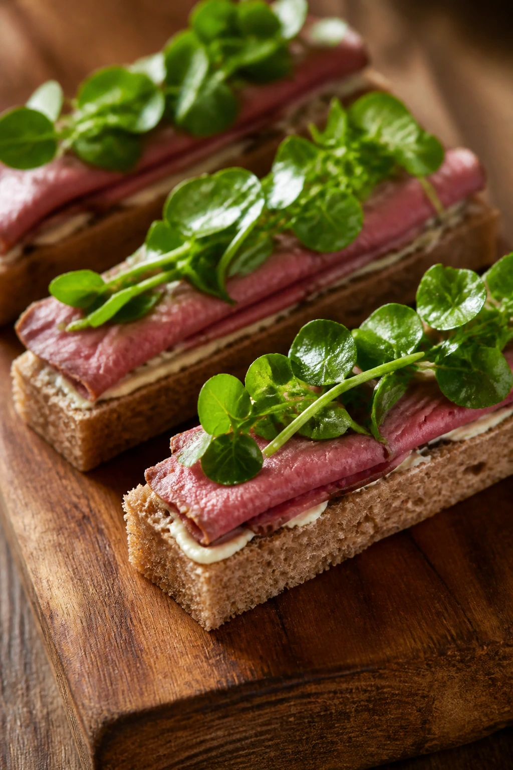 Roast beef horseradish watercress finger sandwiches on rye