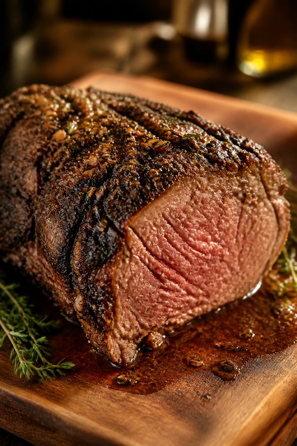 Close-up of beef roast with garlic-herb crust on a wooden carving board