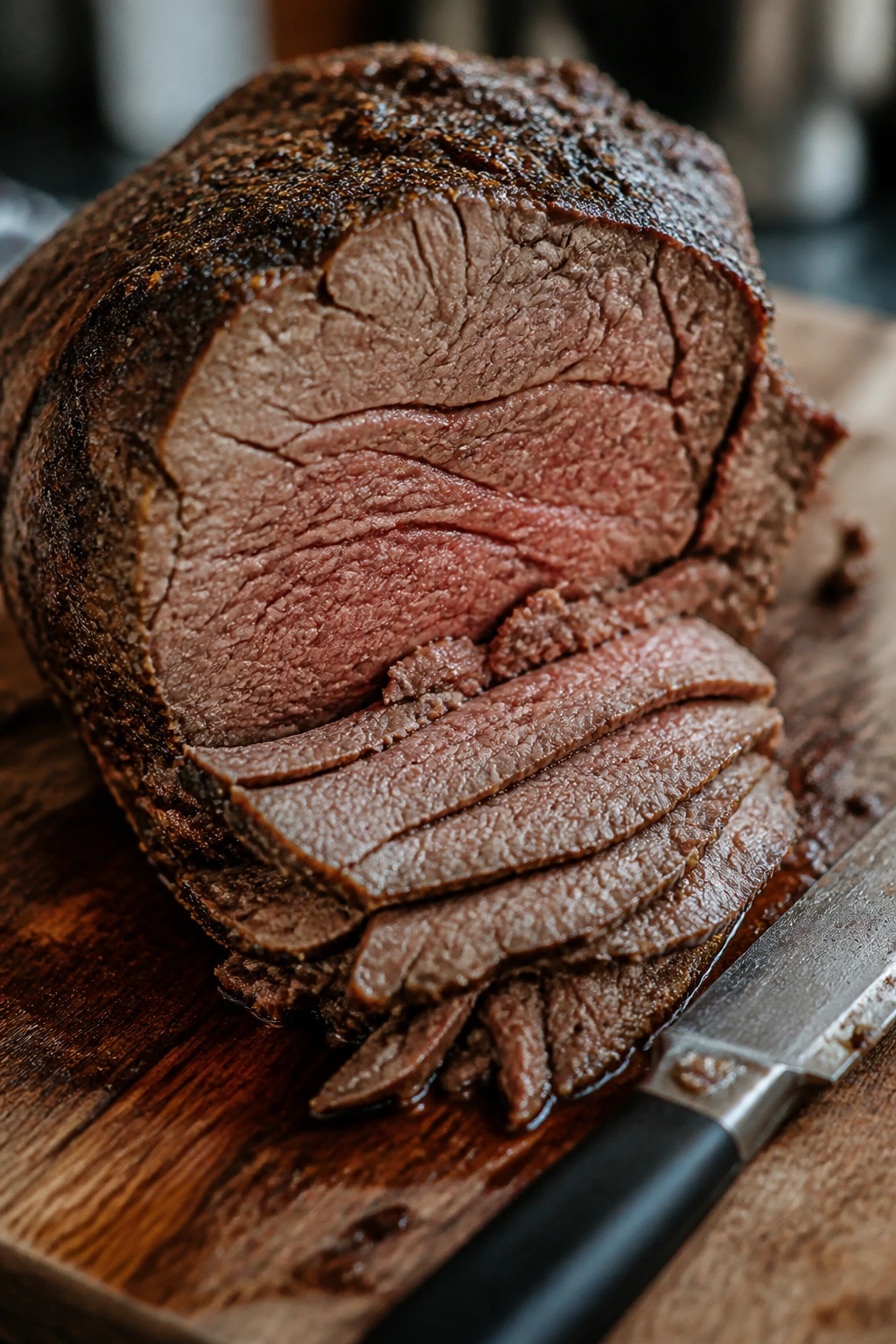 Roast beef with visible grain and uneven slicing on a cutting board