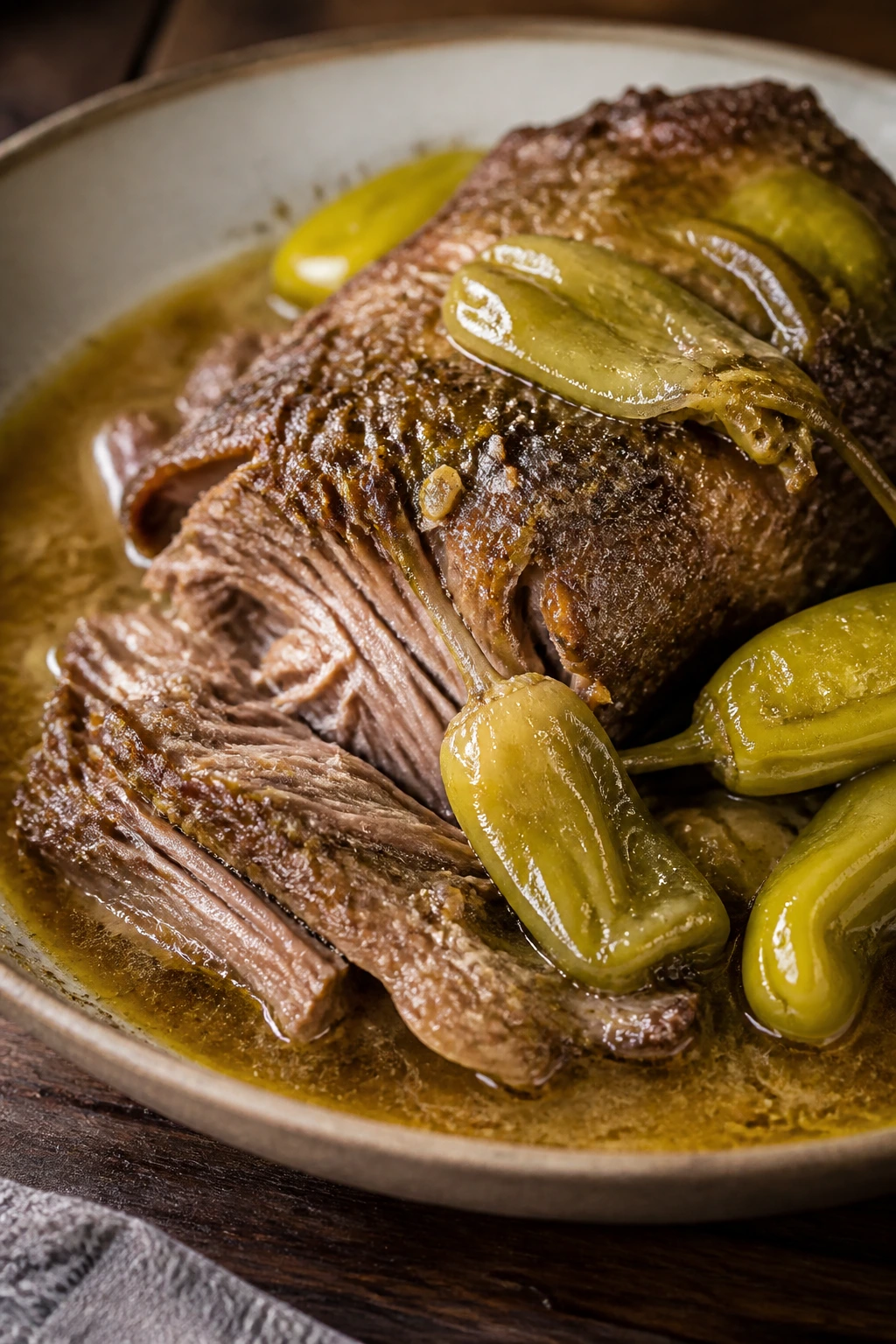 Juicy Mississippi pot roast sliced with glossy gravy on a rustic table