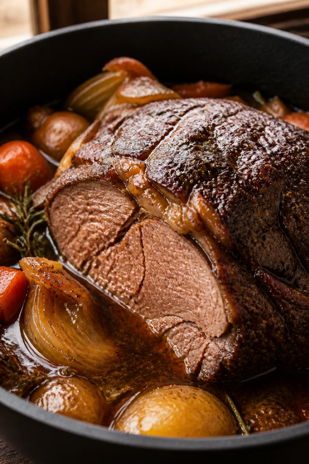 Close-up of tender roast beef in glossy gravy with vegetables in a rustic Dutch oven