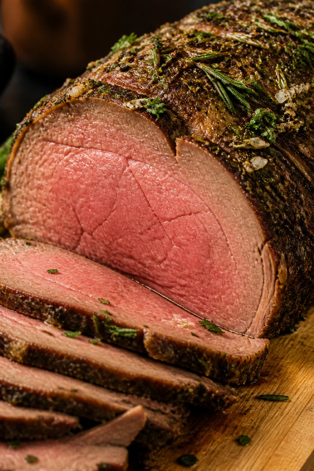 Herb-crusted roast beef with rosemary and parsley on crust