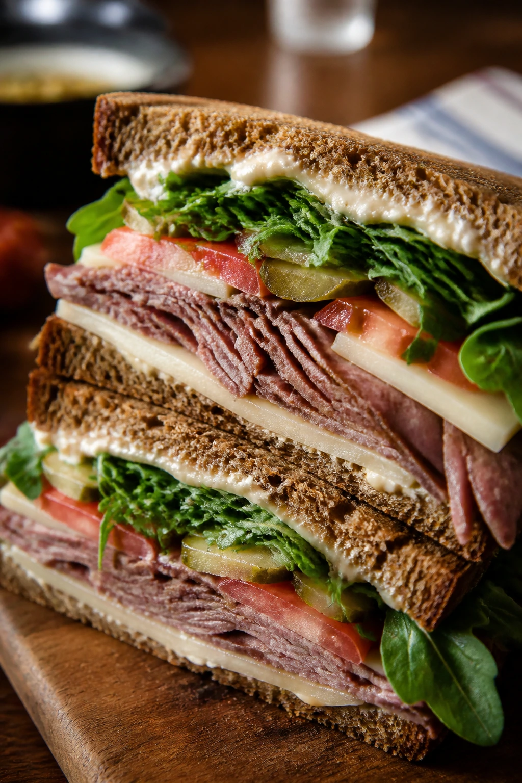 Close-up of roast beef horseradish sandwich halves on rye