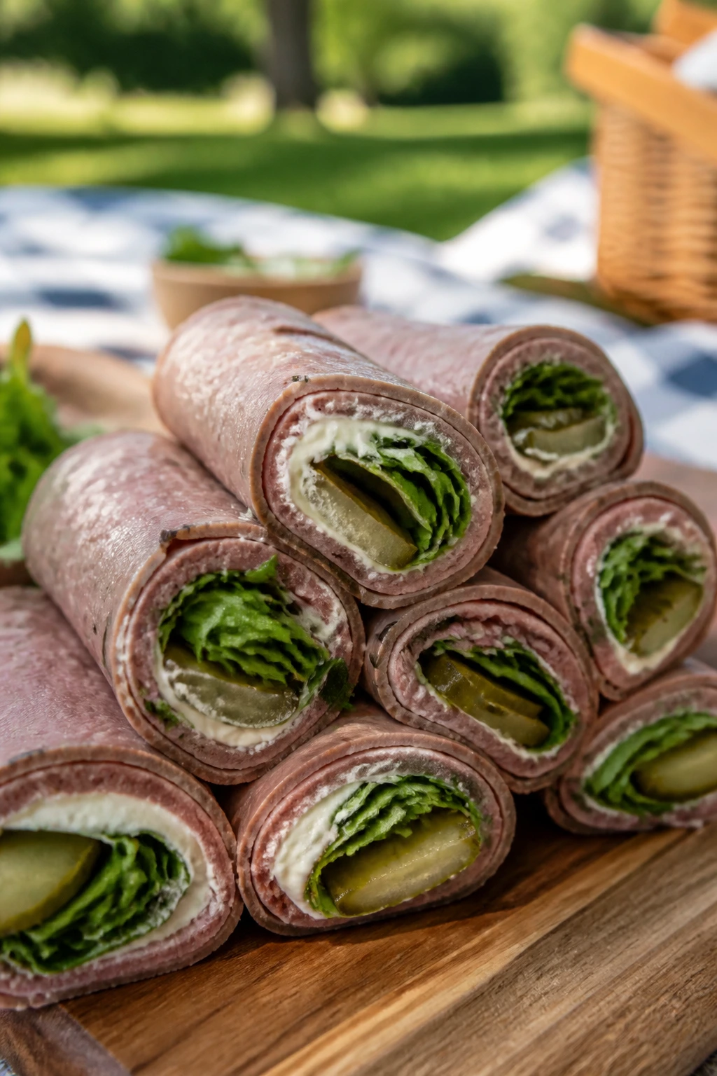 Roast beef horseradish roll-ups neatly sliced on a wooden board outdoors.