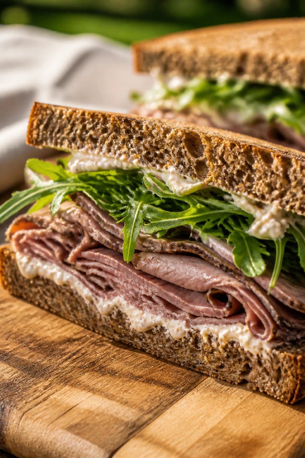 Cross-section roast beef sandwich with horseradish mayo and arugula on rye