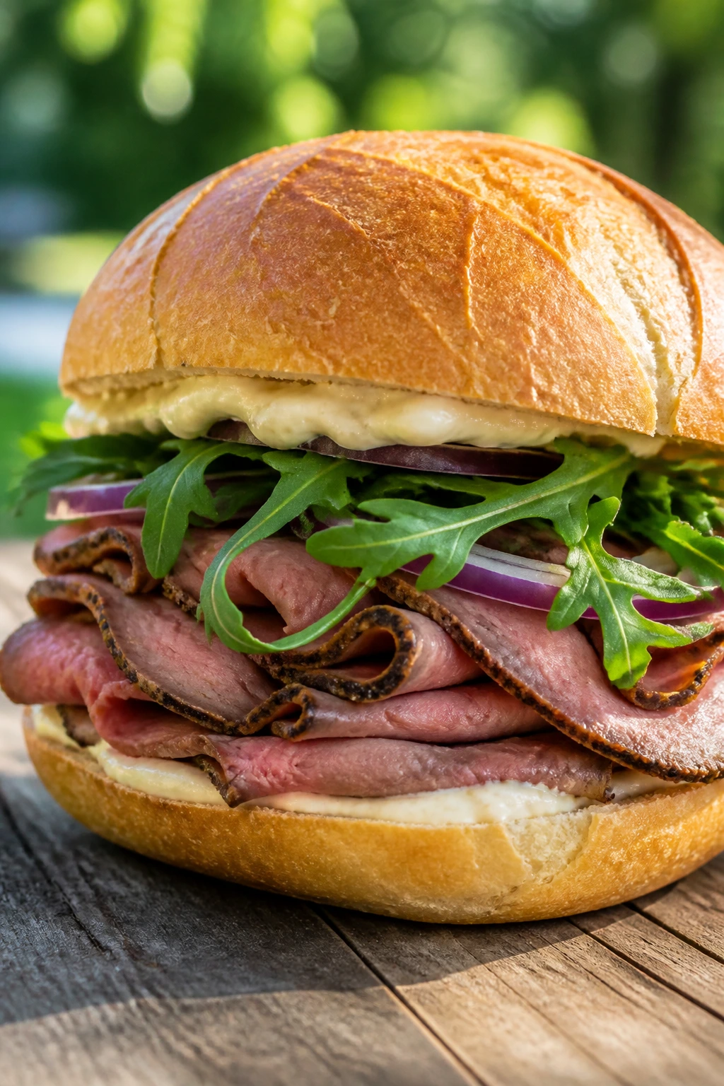 Close-up of Roast Beef Horseradish Arugula Sandwich on a sunny picnic table