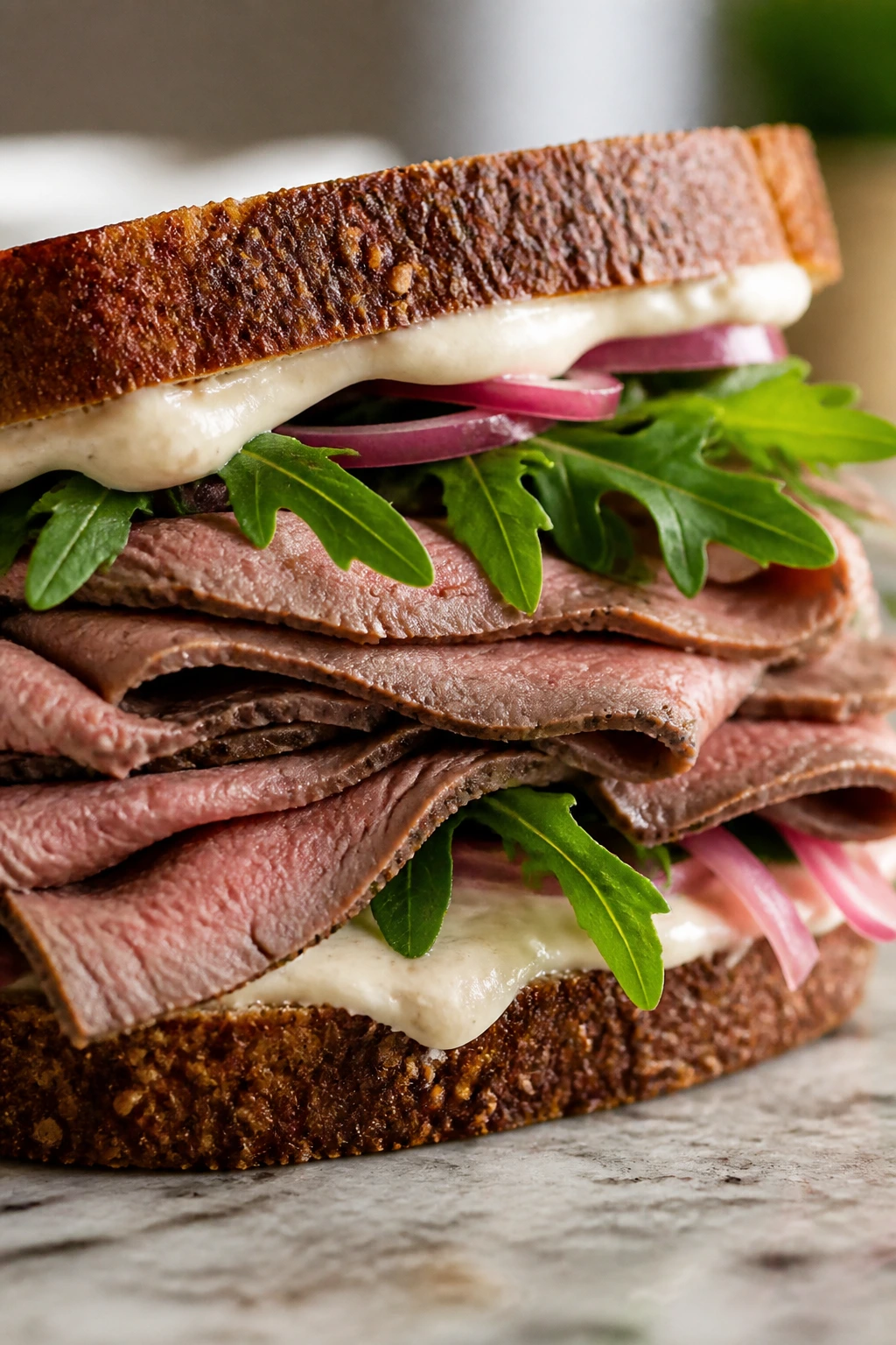 Roast beef sandwich with horseradish and arugula