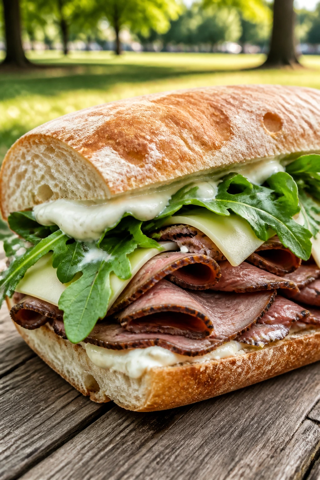 Close-up roast beef sandwich with horseradish mayo and arugula on ciabatta at a park picnic