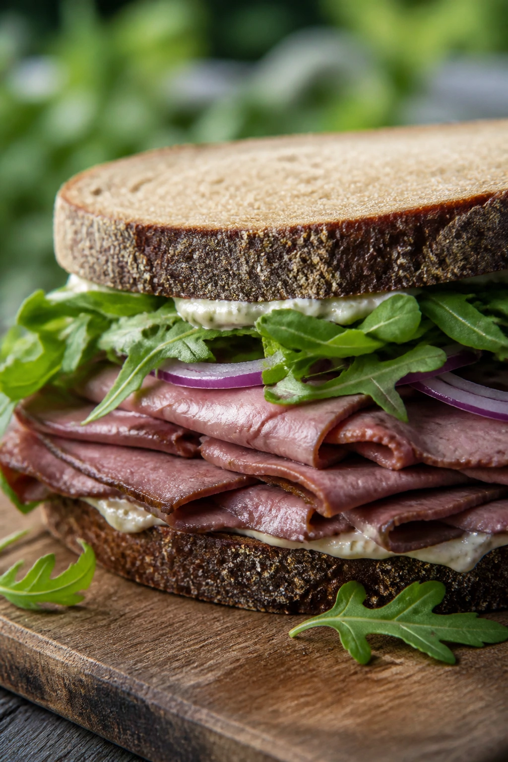 Close-up of Roast Beef, Horseradish, and Arugula sandwich on rye with arugula and red onion.