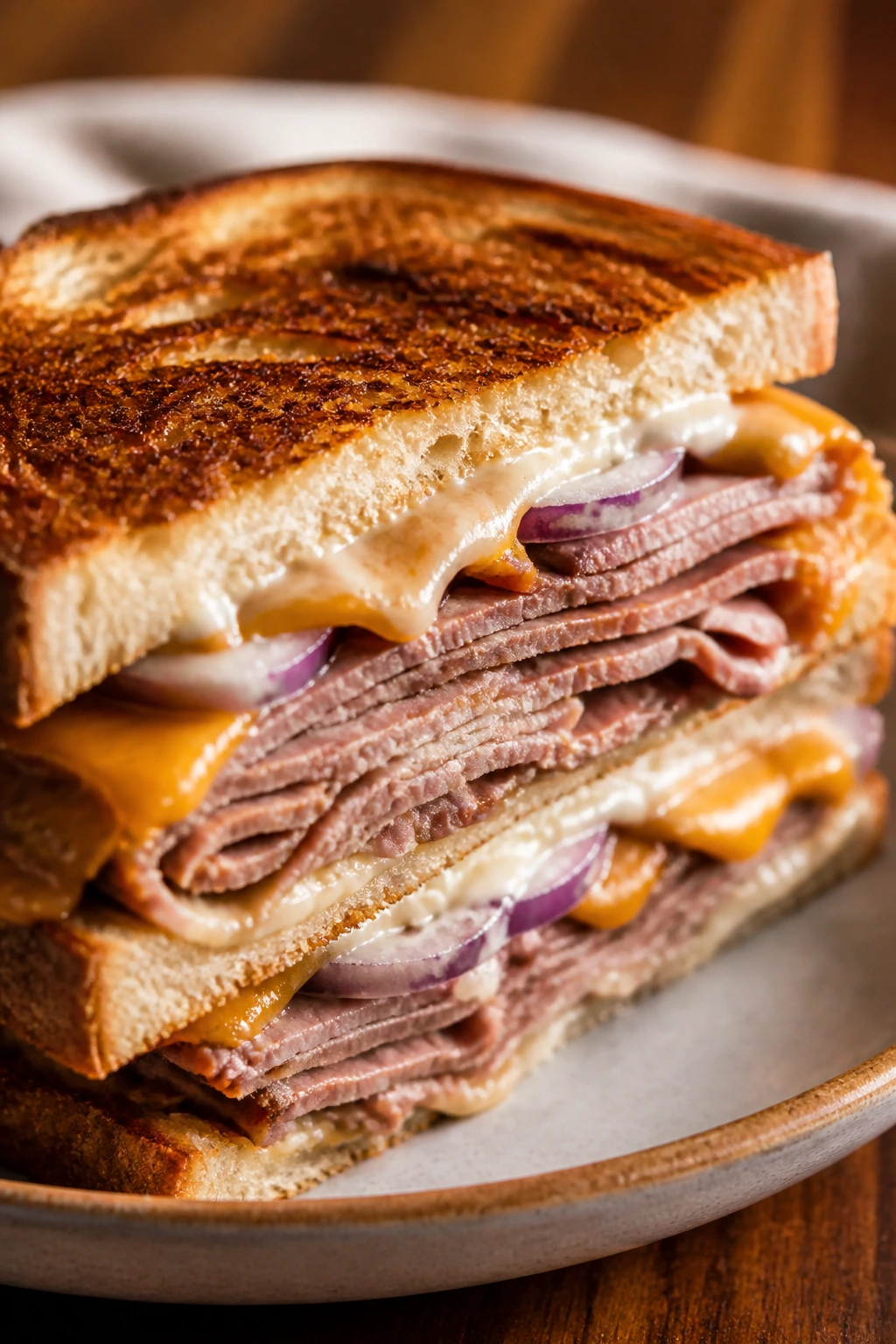 Cross-section of Roast Beef and Horseradish Cheddar sandwich with roast beef and cheddar.