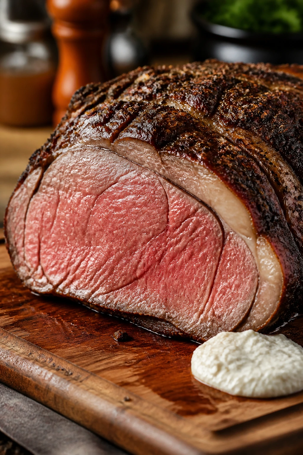 Close-up of thick roast beef with horseradish on a cutting board