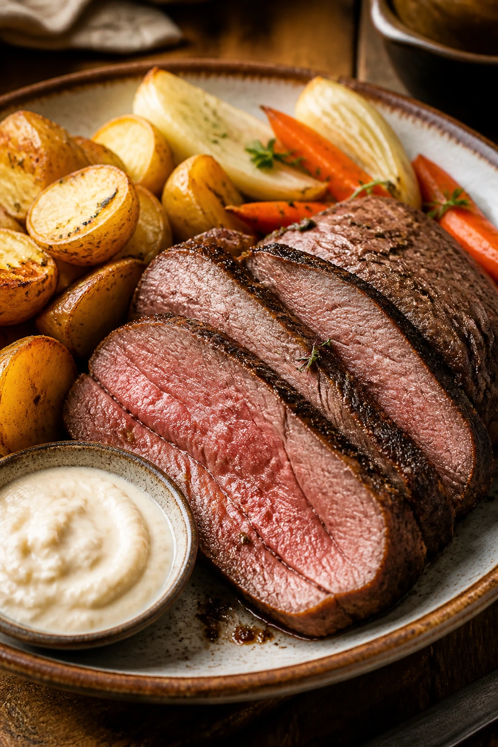 Plated roast beef dinner with horseradish sauce and potatoes