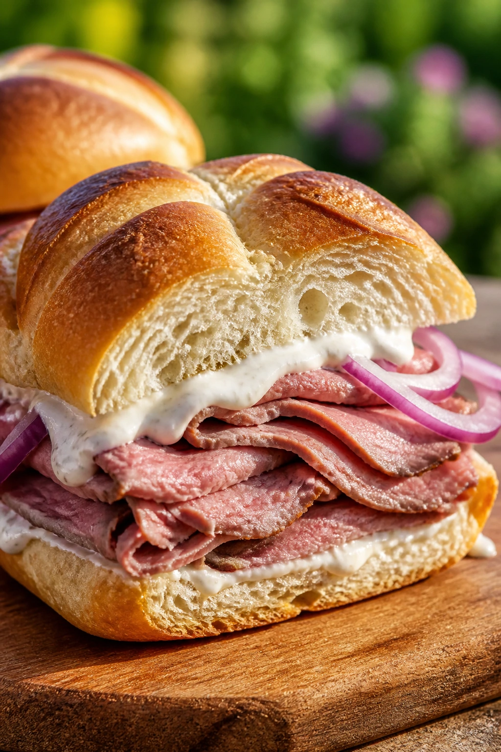 Close-up roast beef sandwich on Kaiser roll with horseradish mayo outdoors