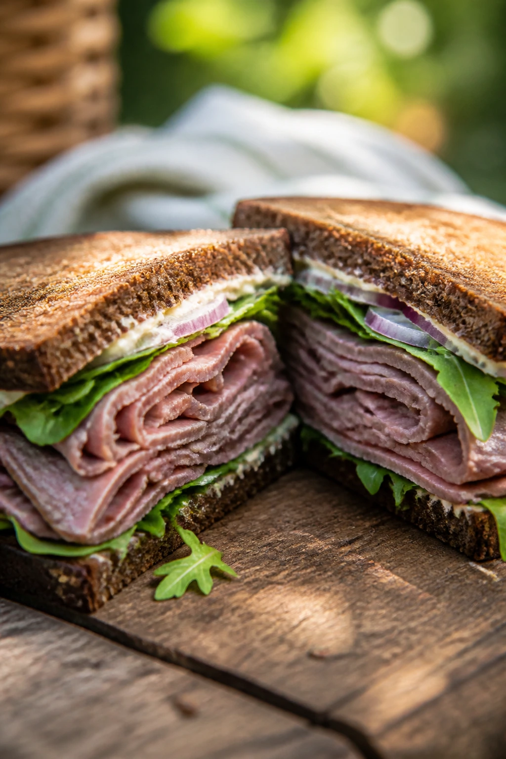 Close-up of roast beef horseradish sandwich on rye bread outdoors