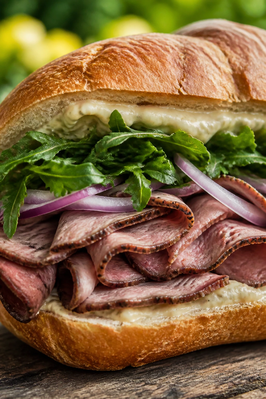 Close-up roast beef horseradish sandwich with arugula and onion.