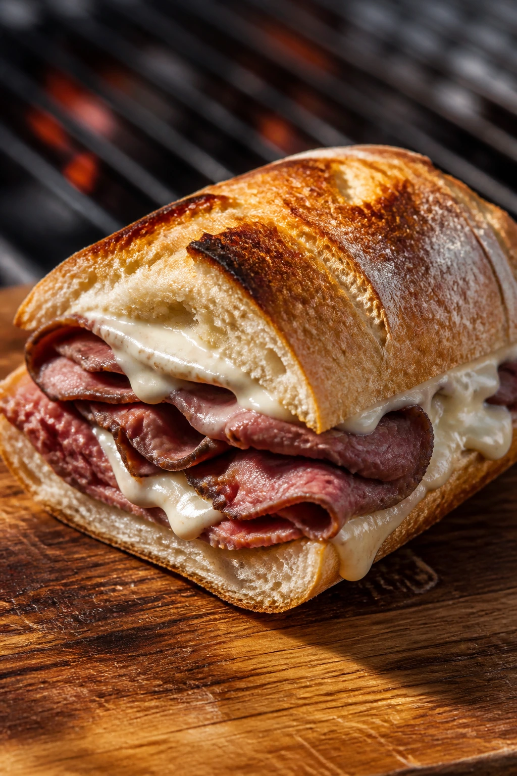 Close-up of roast beef horseradish roll with cheese