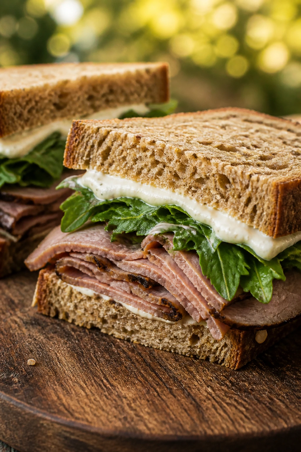 Close-up of roast beef sandwich with horseradish mayo and arugula on rye bread.