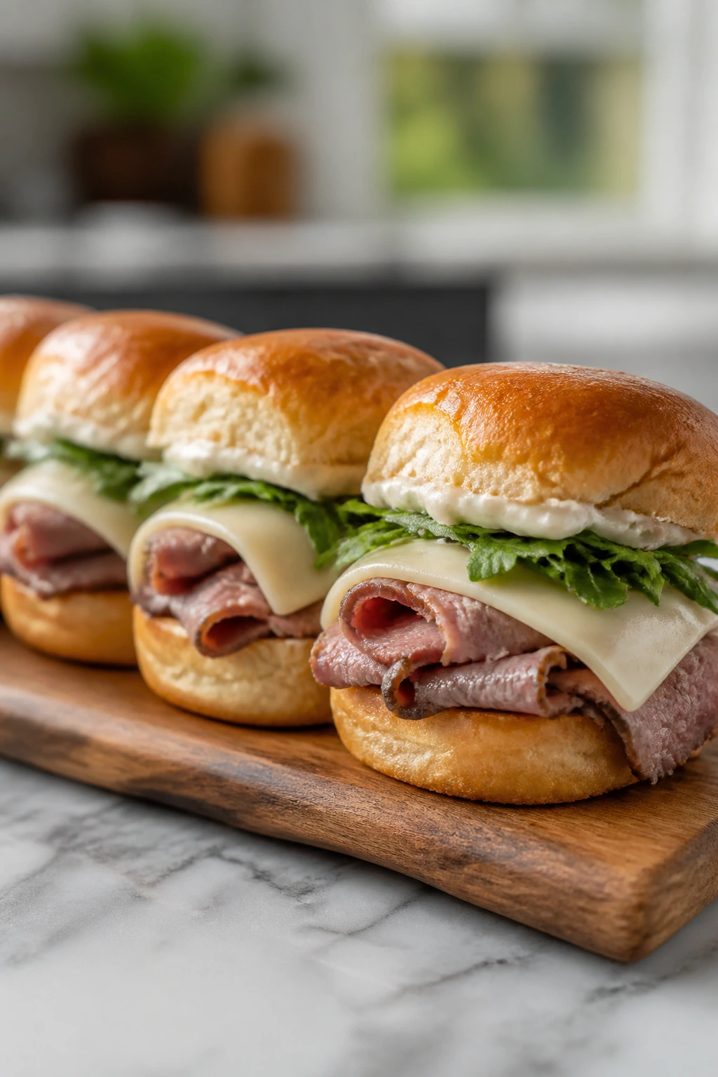 Close-up of roast beef horseradish sliders on a wooden board