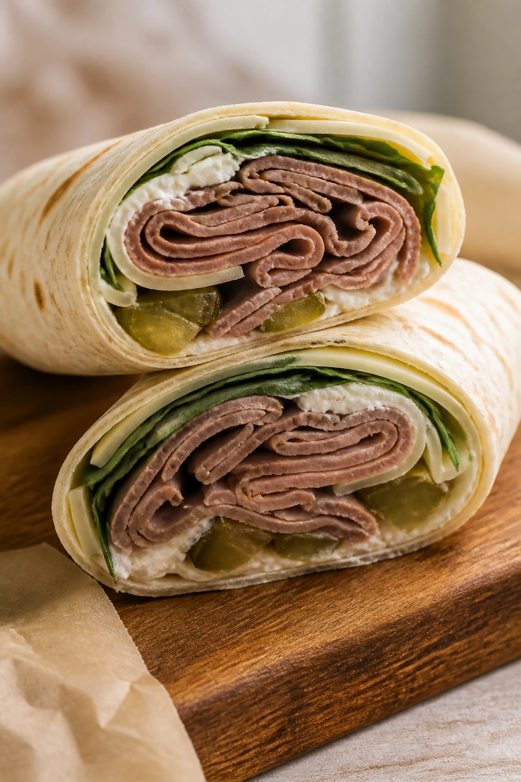 Close-up of roast beef horseradish wrap on cutting board