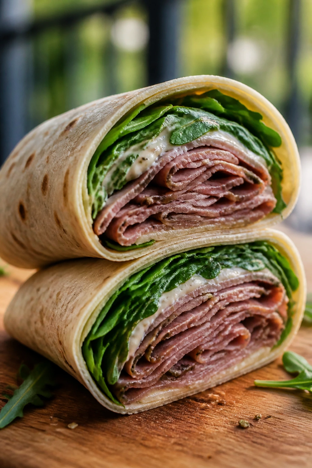 Close-up Roast Beef and Horseradish Arugula Wrap cross-section showing beef and greens