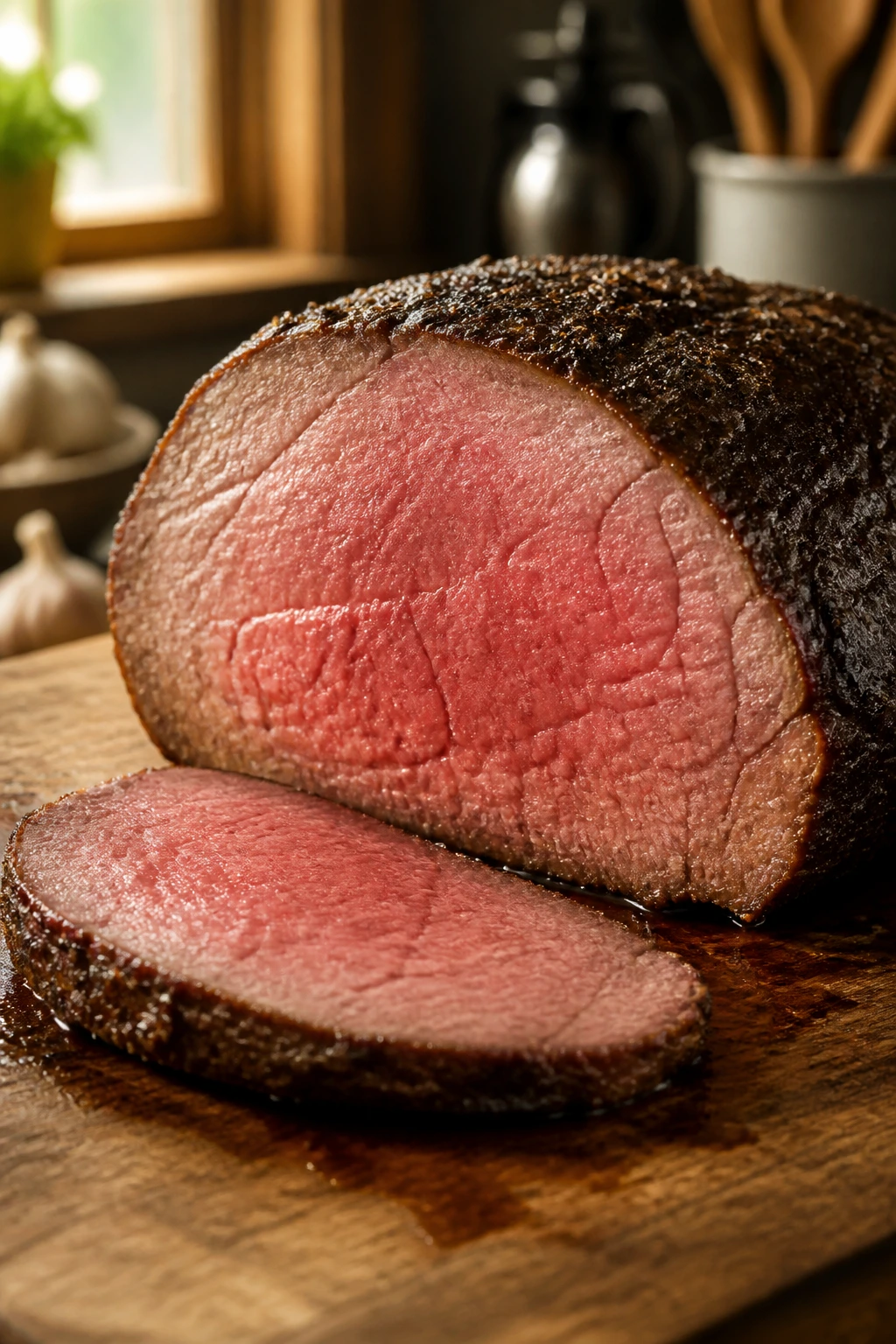 Close-up of rosy-centered roast beef slice with pepper crust on wooden board in warm kitchen