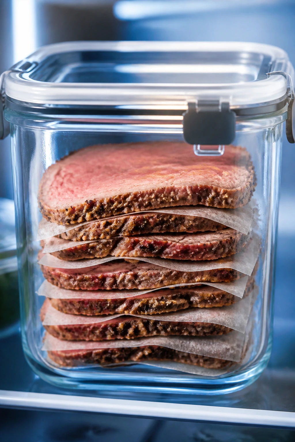 Airtight container with stacked roast beef slices in a fridge