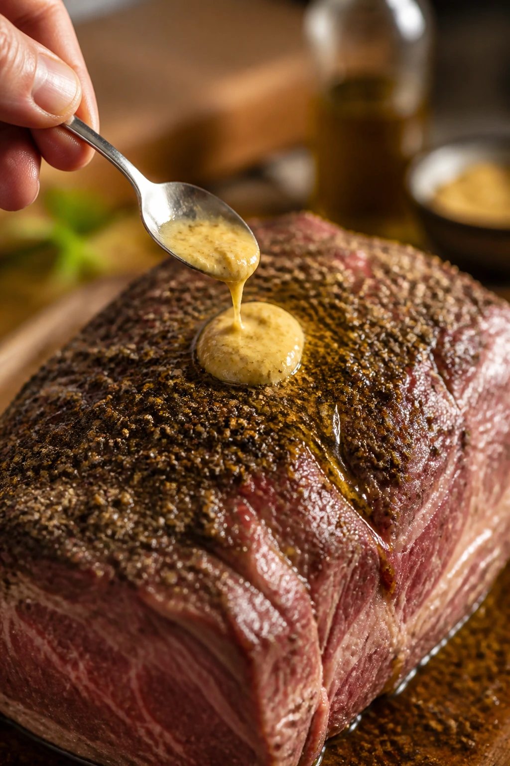 Hand applying Dijon mustard to roast beef on a kitchen counter