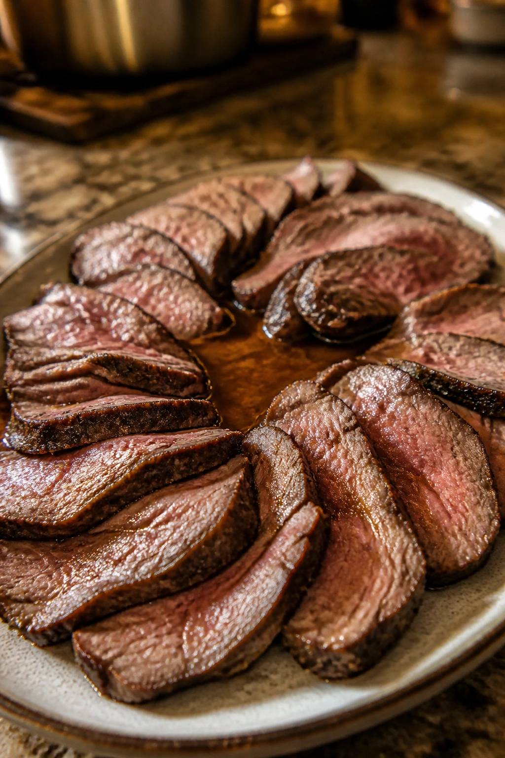 Roast beef slices on a warm plate with gravy in a cozy kitchen setting