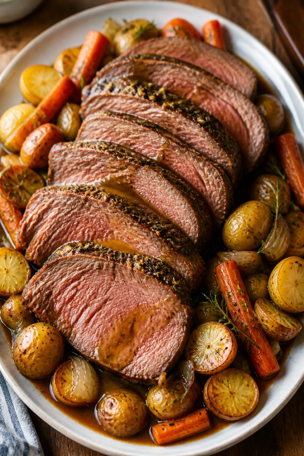 Sliced roast beef on a platter with carrots and potatoes and gravy