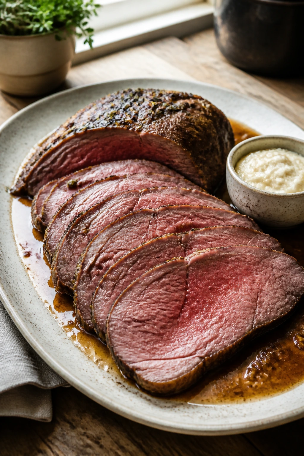 Sliced roast beef on a warm platter with pan juices