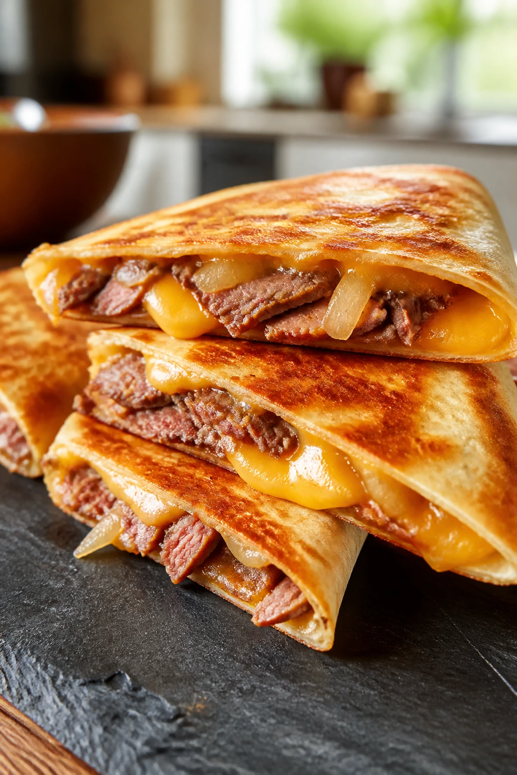 Close-up of roast beef quesadillas with melted cheese on a dark plate