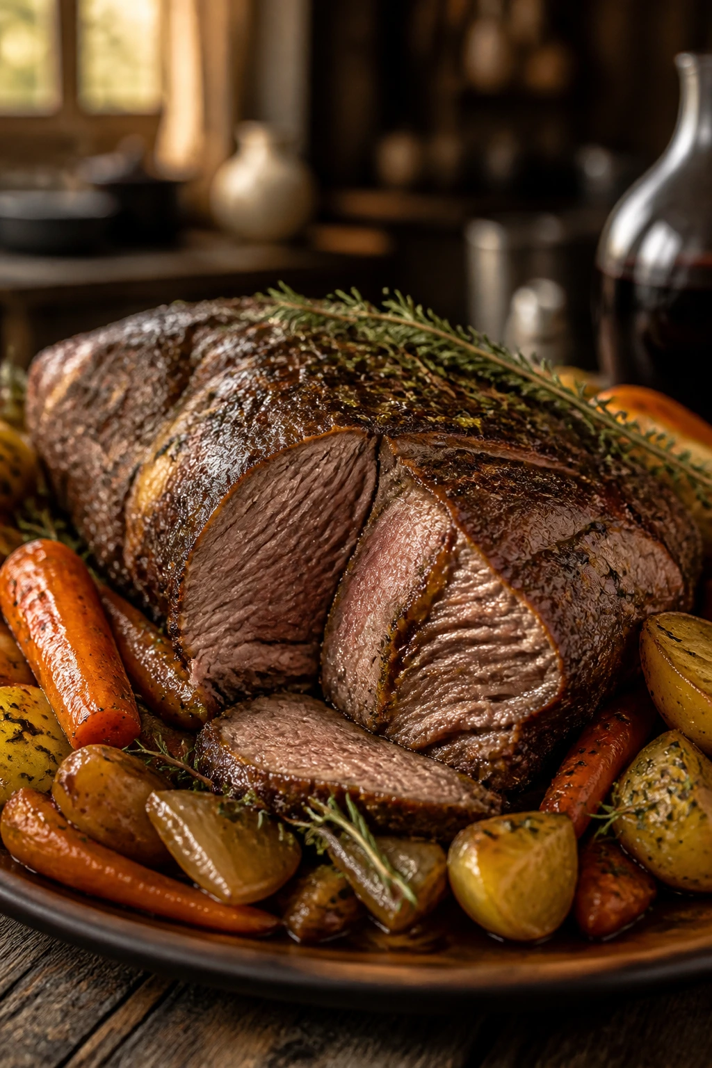 Fork-tender roast beef with carrots and potatoes on rustic table